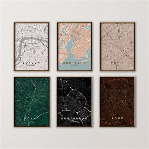 World City Map Set of 6, New York Paris London Tokyo Amsterdam Rome, Vintage Map Wall Art, Printable City Maps, Travel Decor - Etsy