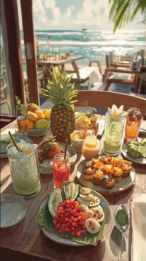 a brightly-lit, delicious-looking spread of tropical foods in a tropical restaurant near the beach