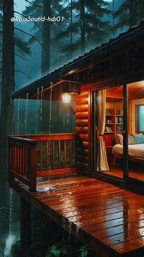 Heavy Rain Ambience 🪵 Cabin Terrace Night