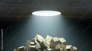 Parcels falling down creating a huge pile of cardboard delivery boxes. Warehouse