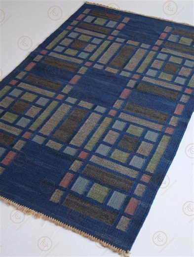 Handwoven Blue Flat Weave Area Carpet With Geometric Grid Pattern Modern Rug for Livingroom, Bedroom - Etsy