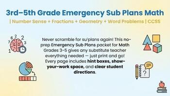 3rd–5th Grade Emergency Sub Plans Math | Number Sense + Fractions + Geometry +
