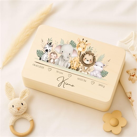 Baby Keepsake Box Personalized | Baby Memory Chest | Wooden Memory Box for Newborn, Baby Gift | Christening & Baptism Gift | Safari Animals - Etsy