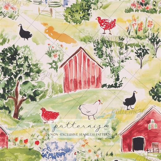 Seamless Farm Landscape Pattern Digital Download – Red Barn Countryside Scene With Chickens, Rustic Farm Fabric Print - Etsy