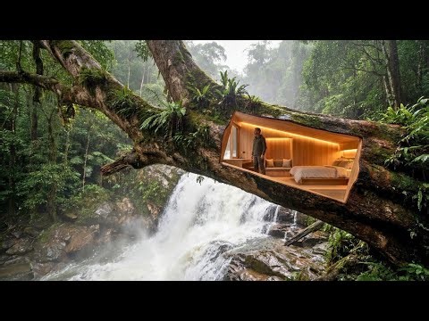 Building a Secret Luxury Room Inside a Tree Trunk Over a Waterfall (ASMR Full Build)
