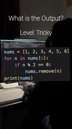 Codecraze on Instagram: "🧠🐍 PYTHON TRICK QUESTION — CAN YOU SPOT THE OUTPUT? At first glance this looks EASY… but it’s actually a classic Python brain teaser 😏 We loop through a list… We remove numbers… We expect chaos… But Python has a sneaky twist hiding in plain sight 👀 Most people get this WRONG because they forget one tiny detail about how list slicing works while iterating. 💥 Question: What does this code print? If you said [1, 3, 5] — congrats, you really know your Python internals �