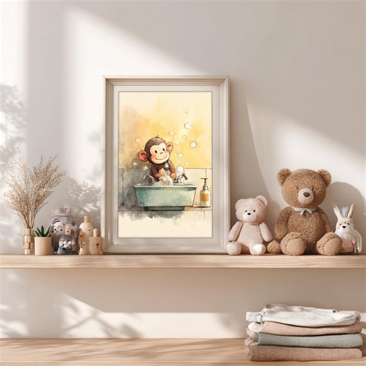 Monkey Washing Hands Printable Wall Art, Watercolor Kids Bathroom Decor, Animal Nursery Digital Download - Etsy