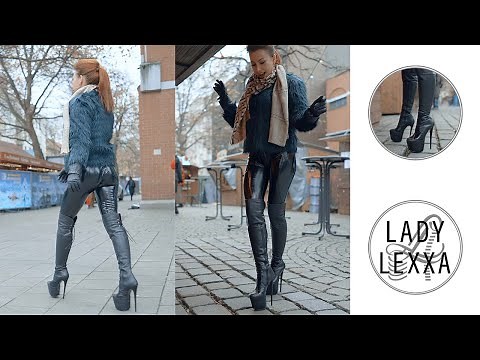 CHALLENGING WALK IN LEATHER OVERKNEE HIGH HEELS BOOTS BY TAJNASHOES AND PARADIZE LEGGINGS