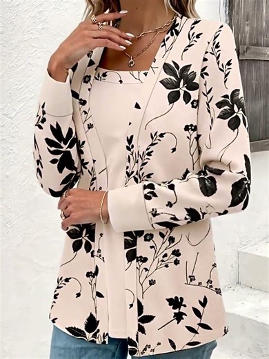 Elegant Black & White Floral Branch Print Square Neck