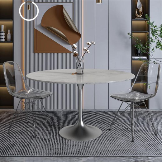 Check The Home Depot's Q&A Before Buying: Leisuremod Verve Modern 48 Round Dining Table with Sintered Stone Tabletop in Chrome Stainless Steel Pedestal Base, White