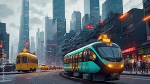 Journey through a Futuristic Cityscape. High Tech City with Futuristic Vehicles, Robots, Androids, Glowing Skyscrapers.Futuristic towns life. Flipbook animation.