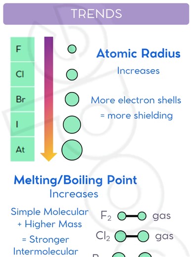 What are Group 7 Trends? How do Group 7 elements change down the group? Down the group, nuclear charge increases, but so does the number of electron shells and therefore the amount of shielding. This increases the size of the atoms, and decreases nuclear attraction. Group 7 elements are diatomic covalent structures in their standard form. This means their boiling and melting points increase with size as we go down the group. Reactivity decreases down the group due to weaker interaction between t
