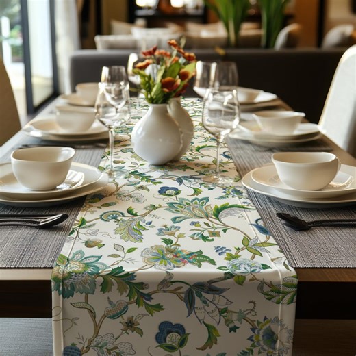 ブルーグリーンの花柄テーブルランナー - エレガントなボタニカルダイニング装飾、ハンドメイドのリネン風テーブル、ファームハウススタイルのテーブルランナーで毎日活躍 - Etsy 日本