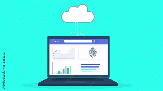 Flat vector animation of laptop displaying performance analytics dashboard connected to cloud system, representing data monitoring, reporting, and digital technology workflow.