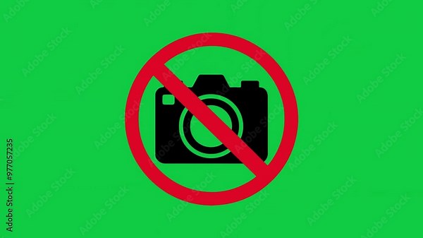 Red warning restricted prohibited sign. No camera icon or no photo icon. No photography icon sign symbol on green screen background. 4k animation video.
