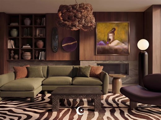 To Live in Black — a living room designed with intention and built around the work of Black designers and artists. The artwork on the wall, Spending Time by Kerream Jones, sets the mood for the space. The Valicia Sofa by Almond Wind (Black American owned) anchors the room with comfort and strong lines. At the center, the coffee table by Cherie Kihato brings in texture and warmth. The Bride Pendant Light from Marie Burgos Collection adds a soft statement overhead. The Ori Globe Floor Lamp by Sand