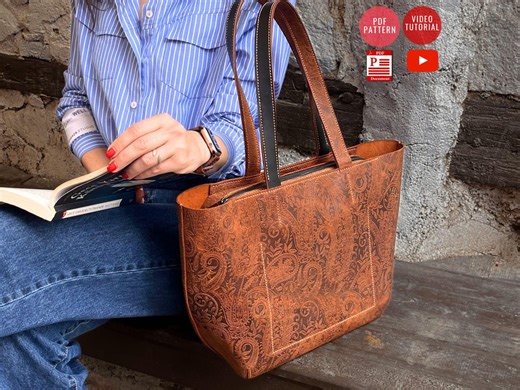 Leather Tote Bag Pattern With Zipper and Inner Pockets / Leather Shopping Bag PDF Pattern /downloadable Bag Template / Video Tutorial - Etsy Australia