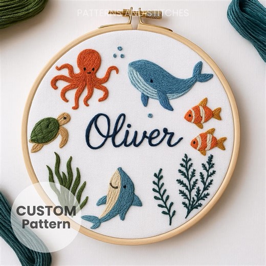 Custom Ocean Animal Embroidery Pattern Sea Life Nursery Decor PDF Downloadable Design 6 Sizes