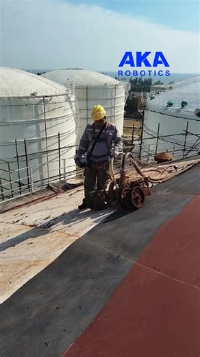 Storage tank roof surface preparation by WallHiker UHP water blasting magnetic crawler robot! #robotics #surfacepreparation #storagetank #oilandgas | AKA Robotics
