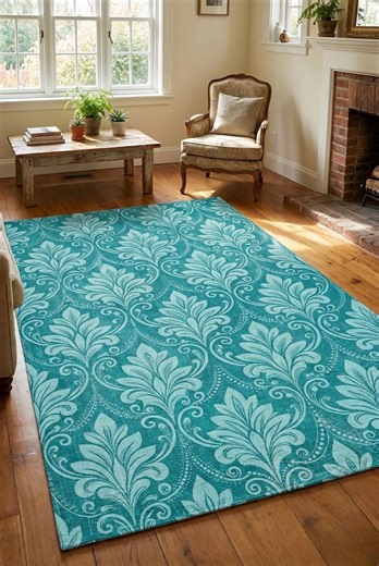 Turquoise Damask Rug, Teal Blue Vintage Style Carpet - Etsy