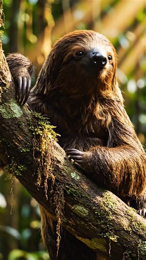 A Three-Toed Sloth moving in ultra-slow motion along a thick jungle branch, ‪@information09‬