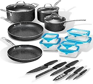 Granitestone 26 Pc Pots and Pan Set Non Stick with Sharp Nutribade Knife Set + Storage Containers, Non Stick Cookware Set, Non Stick Pots and Pan Set, Pot Set, Oven and Dishwasher Safe