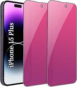 2 Pack Compatible with iPhone 15 Plus Privacy Screen Protector, Full Coverage Mirror Anti-Spy Anti Blue Electroplated Purple Gradient Colorful Tempered Glass 6.7 inch