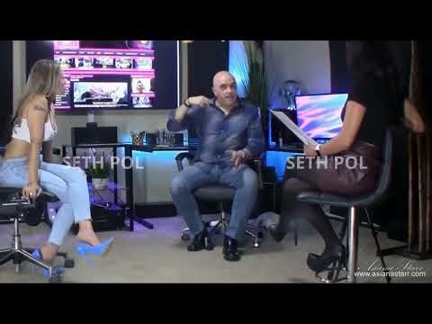 Asian model dangling shoeplay blue flats in podcast (READ DESCRIPTIONS)