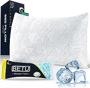 BETU Cooling Pillow Queen Size, Shredded Memory Foam Cool Pillow for Hot Sleepers, Adjustable Firm Soft Support Bed Pillows Perfect for Back Neck Pain and Side Sleeping with Pillow Case Cover, White