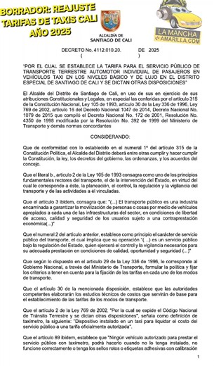 BORRADOR: REAJUSTE TARIFAS DE TAXIS CALI AÑO 2025 Martes 16/Dic/2025 ● VARIABLES TARIFAS NIVEL BASICO: • Valor: por unidad (unidad de 80 metros) $ 145 pesos • Banderazo: (25 unidades) $ 3.600 pesos • Carrera mínima: (48 unidades) $7000 pesos • Recargo por servicio puerta a puerta (5 unidad) $ 730 pesos que no se cobran. • Recargo nocturno, domingo y feriados (12 unidad) $ 1750 pesos. • Tiempo de espera (50 segundos): 1 unidad $145 ESTE ES UN BORRADOR ELABORADO POR LA SECRETARIA DE MOVILIDAD DE C
