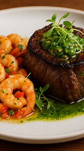 🥩🍤 Surf & Turf Filet Mignon y Camarones 🔥🌿 Hoy elevamos el sabor con un filet mignon perfectamente cocido en sous vide a 130°F, sazonado con nuestra famosa sal ahumada Meat Boss, sellado en sartén con aceite de oliva y mantequilla derretida para ese toque dorado irresistible. 😋 Acompañado con camarones salteados con pimientos, Meat Boss Dry Rub, mantequilla cremosa, vino blanco y cebollines frescos, creando una salsa que simplemente enamora. 🍷✨ Terminado con chimichurri de cilantro, aceite