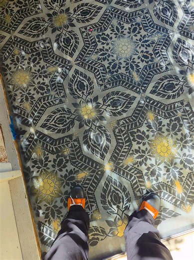 Turning my boring front porch into a work of art with @CuttingEdgeStencils I have done this before but on a smaller scale years back and its still holding up beautifully! I decided not to add a base coat of paint for this application. I wanted a more rustic look on the raw concrete, which is why im not to worried about a little bit of over spray around the stencil. I do recommend taping paper around the stencil for a cleaner look, especially of you applied a base coat of paint over the concrete.