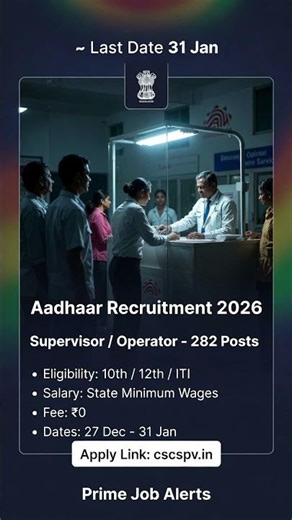 Aadhaar Supervisor Operator Recruitment 2026 | 282 Posts | 10th 12th ITI Govt Job