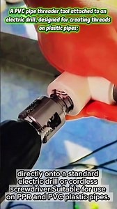 A PVC pipe threader tool attached to an electric drill, for creating threads on plastic pipes.