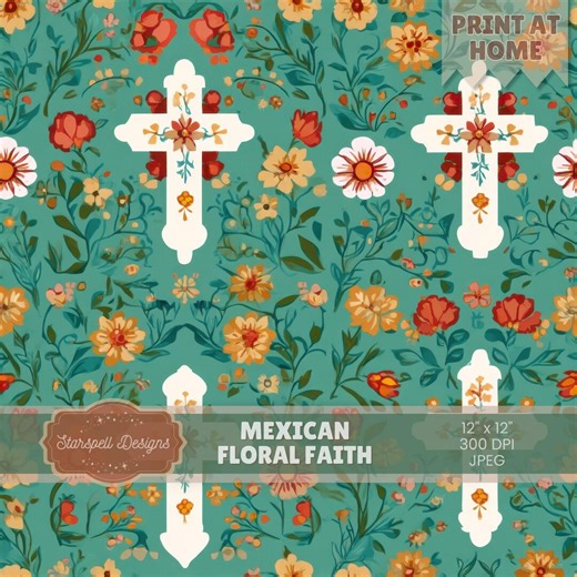 Mexican Floral Faith Seamless Pattern, Colorful Cross & Folk Art Digital Paper for Fabric, POD, Spiritual Christian Designs - Etsy