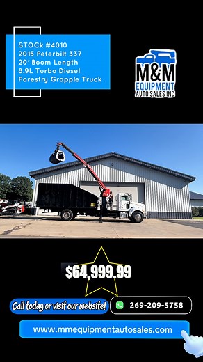 2015 Peterbilt 337 Forestry Grapple Truck · Pac-Mac KBF-20H 🪓 Pac-Mac KBF-20H Grapple Boom 📏 20’ Boom Length (16’ 4’ Extension) 🔄 270° Non-Continuous Rotation 📍 11’ Travel Height 💪 Lift Capacity: 3,387 lbs (Standard) / 4,500 lbs (HD) 🦾 H-Style Outriggers (11’8” Extended / 8’ Retracted) 💨 8.9L Turbo Diesel Engine ⚙️ Automatic Transmission 🛑 Brakes: AIR 📦 Stock #4010 📍 Battle Creek, Michigan 49014 💰 $64,999.99 📞 Call 269-209-5758 or 269-317-1997 💸 Financing Available 🌐 www.mmequipmen
