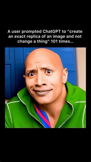 StreetArtGlobe ™ 😱 on Instagram: "What you are seeing is what happens when Al is told to “perfectly replicate” the same image of @therock 101 times in a row. Every time the image was recreated, it became less like itself, and the reason why is unsettling. Even though the instruction never changed, the output did. It shifted gradually at first, then changed completely. Researchers refer to this as ‘model collapse’. It occurs when Al interprets its own outputs, instead of ‘real’ instructions from