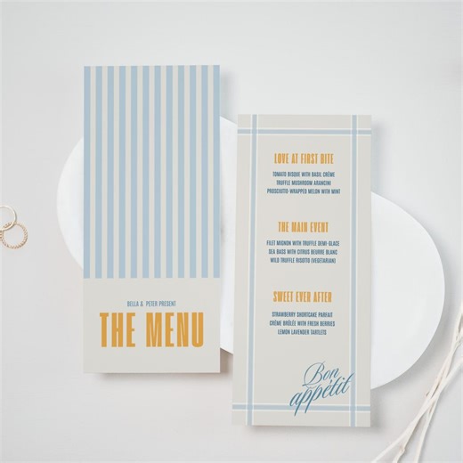 Retro Wedding Menu • Canva Template • Vintage, Blue, Yellow, Beige, Portrait Dinner Menu - Etsy