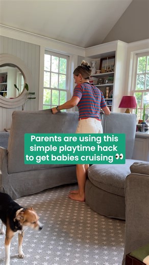 The couch a few books = the perfect setup for practicing those first big moves. ✨ This playtime trick from BabyCenter's Meeting Milestones Through Play course turns your living room into your very own DIY baby gym. | BabyCenter