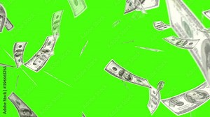 Animation of 100 dollar bills falling on green screen or chroma key, Money rain green screen, Money Falling - Dollar bills falling down from the sky. dollars bills falling down in 3D animation.