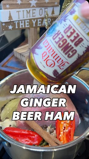 GINGER BEER CHRISTMAS HAM RECIPE Ingredients 1KG GAMMON JOINT 2 CARROTS 2 CELERY STICKS 1 ONION 3-5 GARLIC CLOVES 1TSP BLACK PEPPERCORNS 1/2TSP PIMENTO 1 SCOTCH BONNET SMALL BUNCH OF THYME A FEW BAY LEAVES 50G DARK BROWN SUGAR 100ML MAPLE SYRUP 200ML APPLE JUICE 1 CAN GINGER BEER 1 CINNAMON STICK Method 1. ADD HAM INTO A LARGE POT ALONG WITH ALL OF THE INGREDIENTS EXCEPT FOR THE MAPLE SYRUP AND BROWN SUGAR. 2. BRING TO THE BOIL THEN COVER AND COOK ON LOW FOR 2 HOURS TURNING OVER HALF WAY. 3. ONC