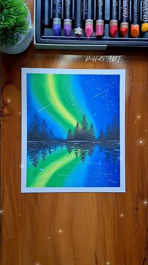 🌌 Magical Northern Lights Landscape | Oil Pastel Art