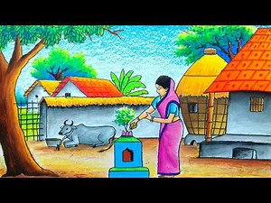 Indian village scenery drawing