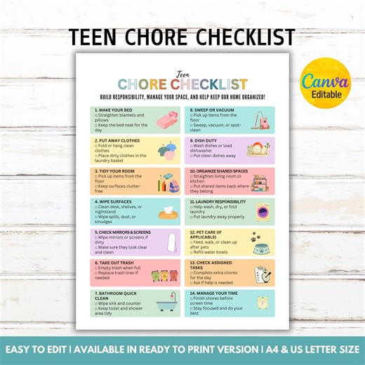 Teen Chore Checklist, Cleaning Checklist for Teens, Teen Daily & Weekly Chores, Teen Responsibility, Teens Home Organization, Canva Editable - Etsy