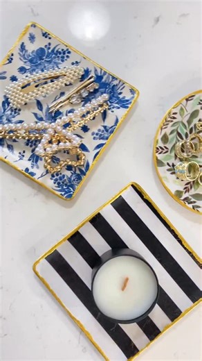 ✨ DIY gifts easy idea for girls night in ✨ Made these cutie trinket trays for about $3 each! Picked up little plates from the craft section (at dollar tree!!!) and added my favorite tissue paper prints for a pretty, personalized ring dishes. Everything you’ll need: ✨ Unfinished ceramic plate ✨ Tissue paper or paper napkins ✨ Mod Podge (I used ‘crystal clear’ finish) ✨ Gold paint ✨ Decoupage brushes These make for an easy DIY gift idea, so easy to personalize for each friend, or an adorable girls