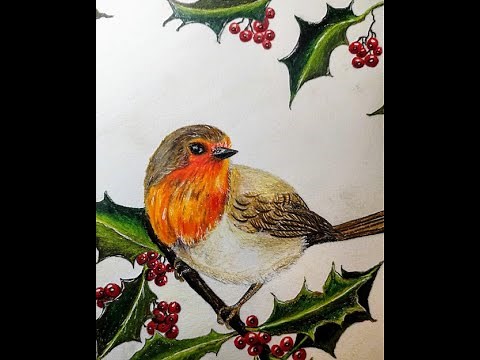 How to draw a robin on a holly branch - Christmas Art