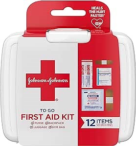 J&J Red Cross First Aid To Go Mini Portable Emergency Wound Care Travel Kit with Adhesive Bandages, Gauze Pads & Wipes for Purse, Backpack, Gym Bag, Car or Luggage, 12 Count