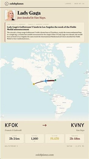 Lady Gaga's Gulfstream V flies KFOK → KVNY (5h 13m)