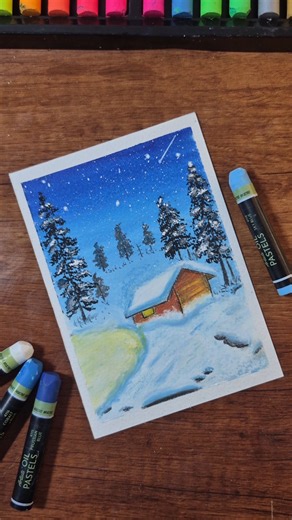 Winter Wonderland ❄️🏡 Easy Oil Pastel Drawing #shorts #youtubeshorts #art #nature #landscape #winter