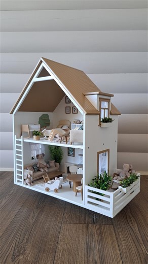 Scandinavian Dollhouse – Wooden Kids Doll House with Furniture
